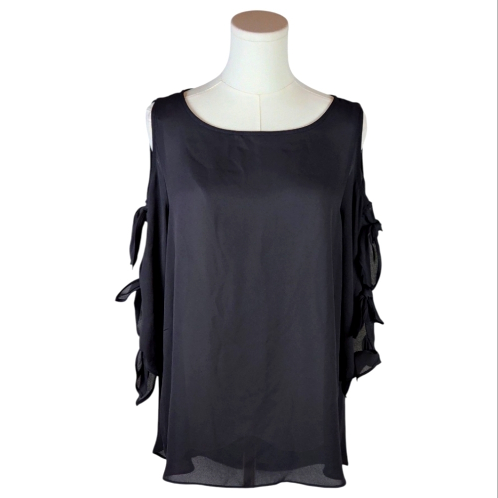 BOLD Elements Black Sheer Cold Shoulder Top w/ Bows Women’s Blouse Size M